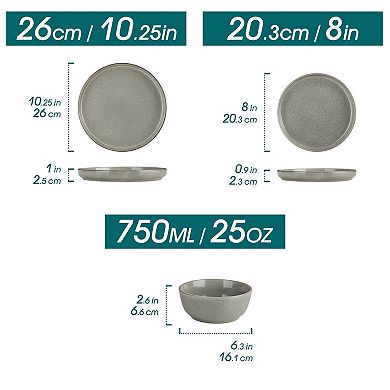 12-piece Stoneware Dinner Service, with Dinner plates, Dessert Plates, Bowl for 4