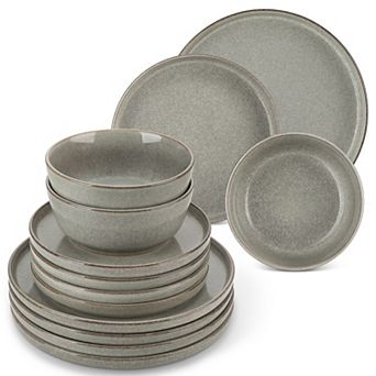 12 pc Stoneware Dinner Service, with Dinner plates, Dessert Plates, Bowl for 4