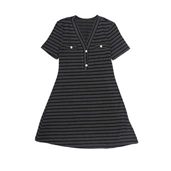 Sweater Dress for Women Short Sleeve V Neck A-Line Striped Knit Dresses