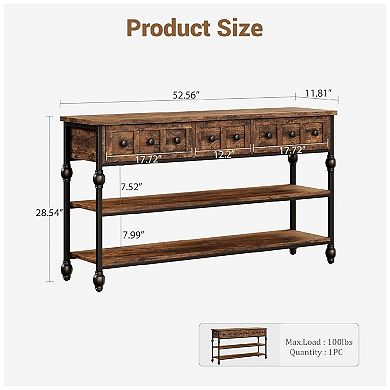 Long 53" Console Sofa Table with 3 Drawers, Entryway Table with 3-Tier Storage Shelves