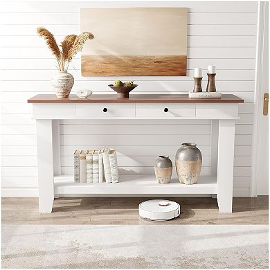 Long Console Table with Drawers, Wooden Rectangular Entryway Table
