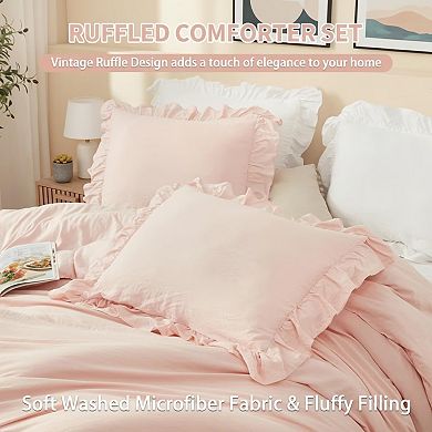 Ruffled Comforter Set, 3PCS Soft Washed Microfiber Lightweight & Fluffy All-Season Bedding Comforter