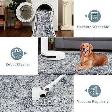 Area Rug Washable Rug, Vintage Floral Print Rug, Indoor Foldable Traditional Mat Distressed Thin Rug