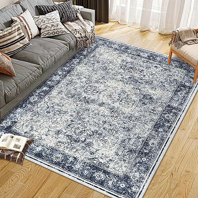 Area Rug Washable Rug, Vintage Floral Print Rug, Indoor Foldable Traditional Mat Distressed Thin Rug