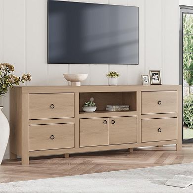 Farmhouse TV Stand for TVs, 70" W Entertainment Center with 6 Storage Drawers & Soundbar Shelf