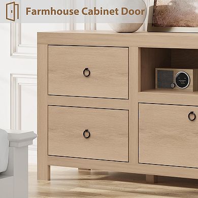 Farmhouse TV Stand for TVs, 70" W Entertainment Center with 6 Storage Drawers & Soundbar Shelf