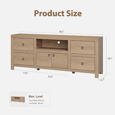 Farmhouse TV Stand for TVs, 70" W Entertainment Center with 6 Storage Drawers & Soundbar Shelf