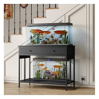 Aquarium Stand 40 Gallon with Power Outlet, Metal Frame White Fish Tank Stand with Storage Drawers