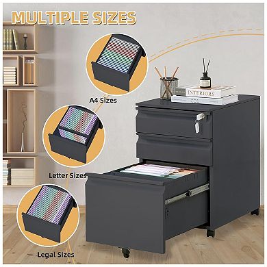 3-Drawer Mobile File Cabinet With Lock - Under Desk Rolling Filing Storage