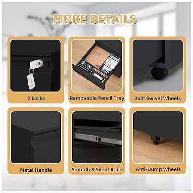 3-Drawer Mobile File Cabinet With Lock - Under Desk Rolling Filing Storage