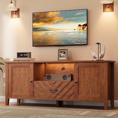 59"W TV Stand, Retro V-Shaped TV Table with Led Lights for Living Room Bedroom, Entertainment Center