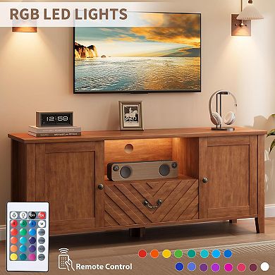 59"W TV Stand, Retro V-Shaped TV Table with Led Lights for Living Room Bedroom, Entertainment Center