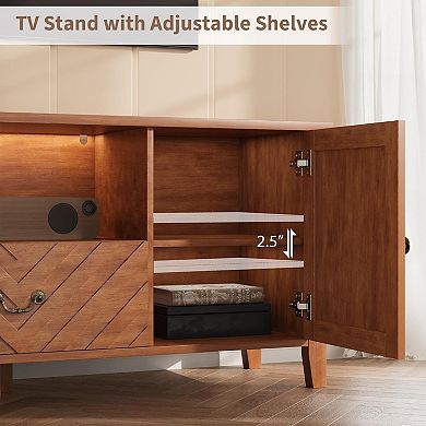 59"W TV Stand, Retro V-Shaped TV Table with Led Lights for Living Room Bedroom, Entertainment Center