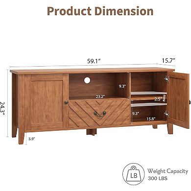 59"W TV Stand, Retro V-Shaped TV Table with Led Lights for Living Room Bedroom, Entertainment Center