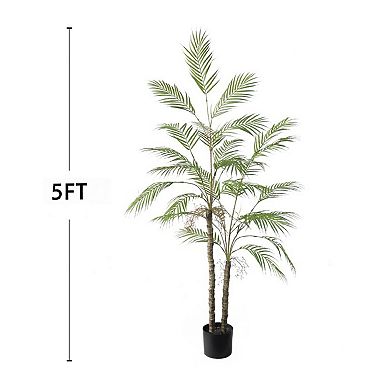 Artificial Palm Tree, 5FT Tall Decorative Fake Palm Tree in Pot with with Natural Trunks