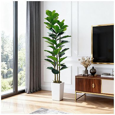 Artificial Fiddle Leaf Fig Tree with Planter, 6Ft Tall Fake Tree with Natural Wood Trunk