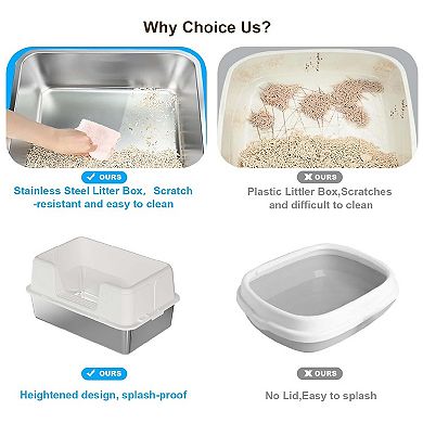 Stainless Steel Cat Litter Box with Lid, Kitten Litter Box Non-Stick Metal Covered Cat High Sides
