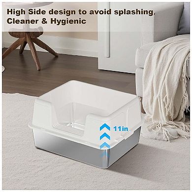Stainless Steel Cat Litter Box with Lid, Kitten Litter Box Non-Stick Metal Covered Cat High Sides