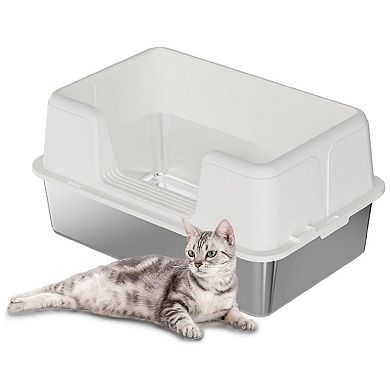 Stainless Steel Cat Litter Box with Lid, Kitten Litter Box Non-Stick Metal Covered Cat High Sides