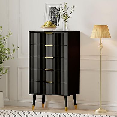 Modern Nightstand Cabinet with Gold Metal Handles, Fluted 5 Drawer Dresser, End Table Wood Chest