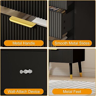 Modern Nightstand Cabinet with Gold Metal Handles, Fluted 5 Drawer Dresser, End Table Wood Chest