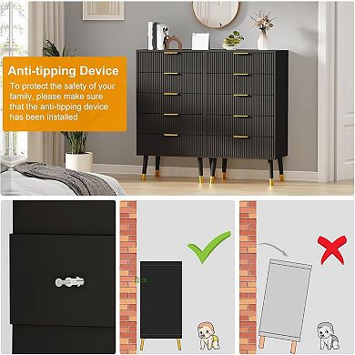 Modern Nightstand Cabinet with Gold Metal Handles, Fluted 5 Drawer Dresser, End Table Wood Chest