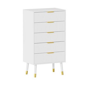 Modern Nightstand Cabinet with Gold Metal Handles, Fluted 5 Drawer Dresser, End Table Wood Chest