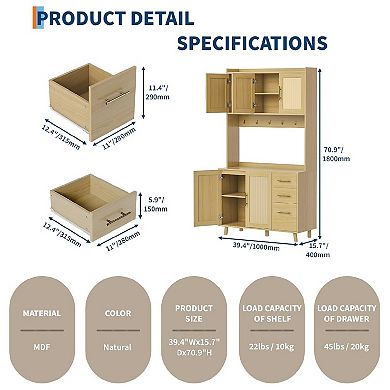 Kitchen Pantry Cabinet with Storage, Freestanding Hutch Sideboard Buffet Cabinet with Rattan Door