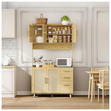 Kitchen Pantry Cabinet with Storage, Freestanding Hutch Sideboard Buffet Cabinet with Rattan Door