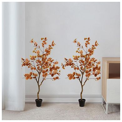 2Pcs Artificial Fall Eucalyptus Tree, Eucalyptus Tree Artificial Ficus Tree Autumn Ficus Fall Tree
