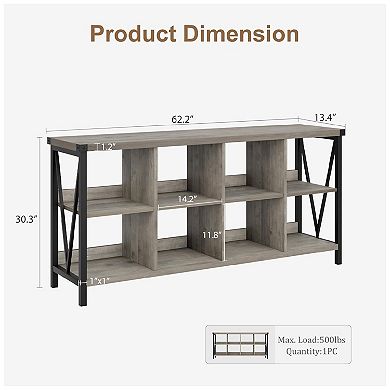 Industrial Rustic Brown 8-Cube Storage Organizer, 3-Tier Metal Bookcase - Long Low Console Shelf