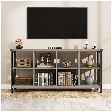 Industrial Rustic Brown 8-Cube Storage Organizer, 3-Tier Metal Bookcase - Long Low Console Shelf