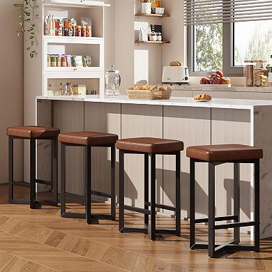 24" Bar Stools with Footrest,Counter Height Backless Dining Chair with Metal X-Frame,PU Leather Seat
