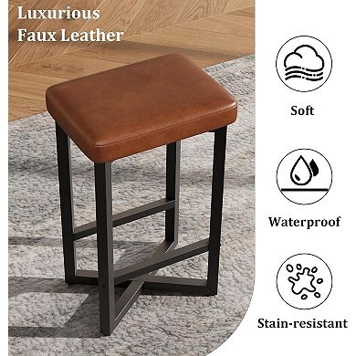 24" Bar Stools with Footrest,Counter Height Backless Dining Chair with Metal X-Frame,PU Leather Seat