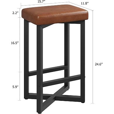 24" Bar Stools with Footrest,Counter Height Backless Dining Chair with Metal X-Frame,PU Leather Seat