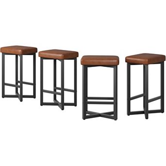 24" Bar Stools with Footrest,Counter Height Backless Dining Chair with Metal X-Frame,PU Leather Seat