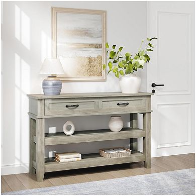 Farmhouse Entryway Console Table 3-Tier Wooden Sofa Table with 2 Storage Drawers for Hallway