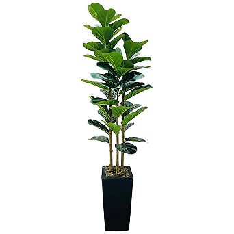 Artificial Fiddle Leaf Fig Tree with Planter, 5Ft Tall Fake Tree with Natural Wood Trunk