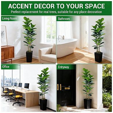Artificial Fiddle Leaf Fig Tree with Planter, 5Ft Tall Fake Tree with Natural Wood Trunk