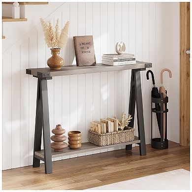 Farmhouse Console Table with Storage, 2 Tier Narrow Entry Table with with Metal Frame and MDF