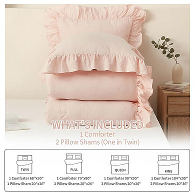 Ruffled Comforter Set, 3PCS Soft Washed Microfiber Lightweight & Fluffy All-Season Bedding Comforter