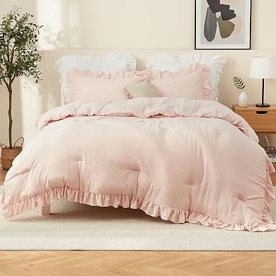 Ruffled Comforter Set, 3PCS Soft Washed Microfiber Lightweight & Fluffy All-Season Bedding Comforter