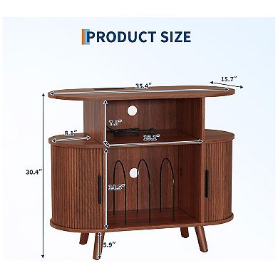 Mid Century Modern Record Player Stand Round Wooden Turntable TV Stand with Charging Station