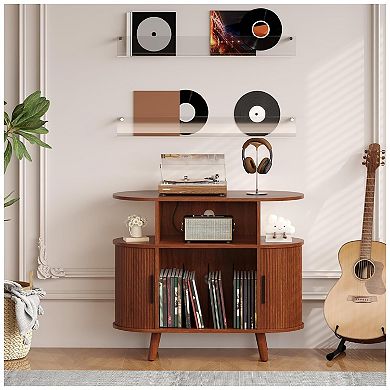 Mid Century Modern Record Player Stand Round Wooden Turntable TV Stand with Charging Station