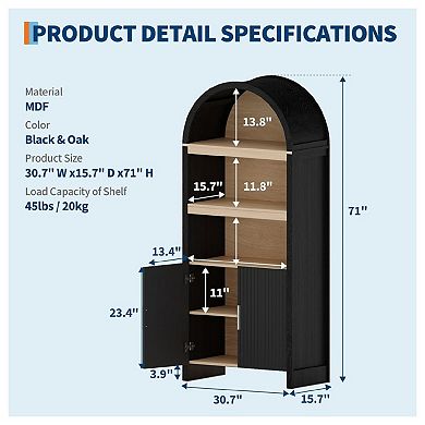 Bookshelf Arched Cabinet with Storage, Mid-Century Bookcase Modern Wooden Kitchen Pantry