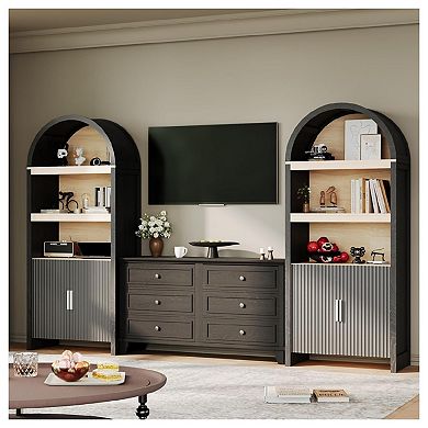 Bookshelf Arched Cabinet with Storage, Mid-Century Bookcase Modern Wooden Kitchen Pantry