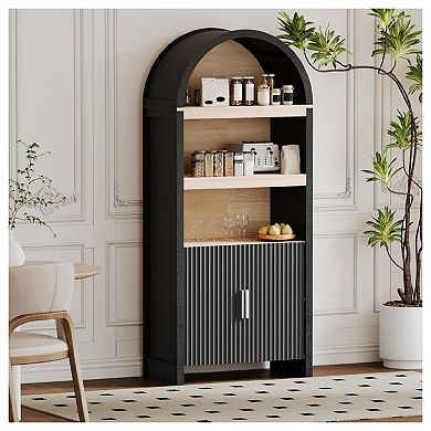 Bookshelf Arched Cabinet with Storage, Mid-Century Bookcase Modern Wooden Kitchen Pantry