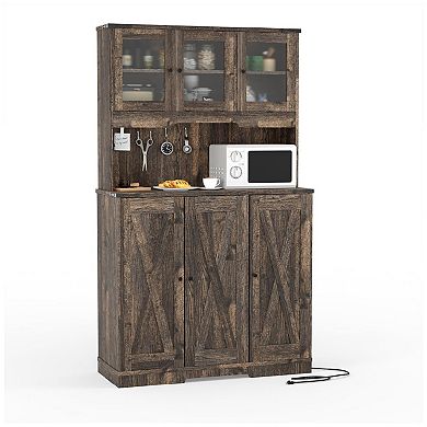 Farmhouse Pantry Cabinet with Charging Station, Kitchen Hutch Storage Cabinet