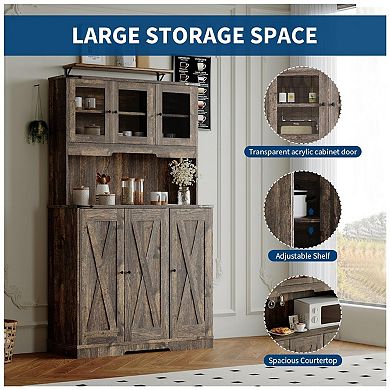 Farmhouse Pantry Cabinet with Charging Station, Kitchen Hutch Storage Cabinet