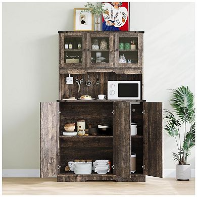 Farmhouse Pantry Cabinet with Charging Station, Kitchen Hutch Storage Cabinet